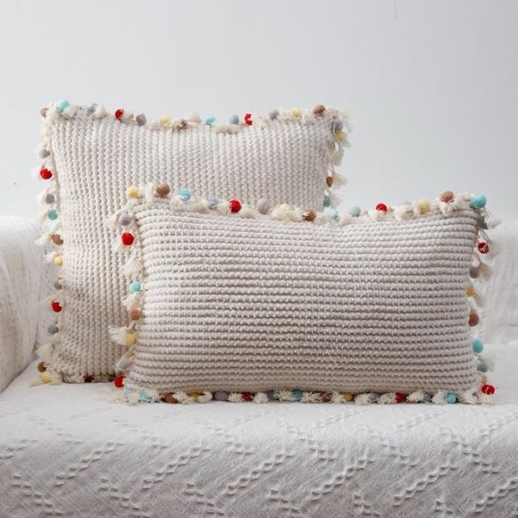BOHO  POM-POM FRINGE TEXTURED PILLOWCASE - Picture 4 of 5